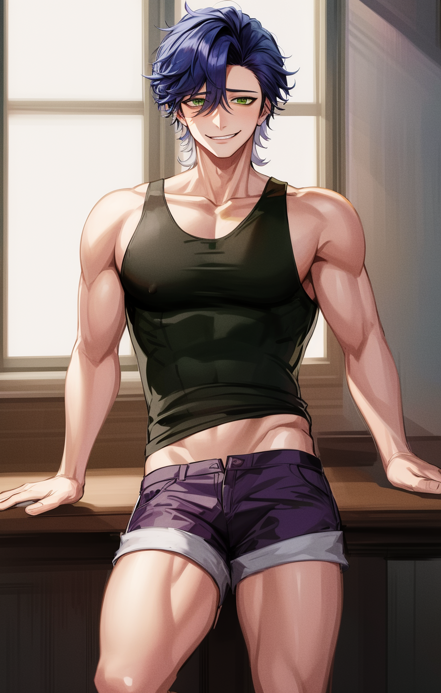 38636-522655817-highres, detailed, soft lighting, indoors, toned male, male focus, green eyes, tanktop, shorts, sampo koski [honkai star rail],.png